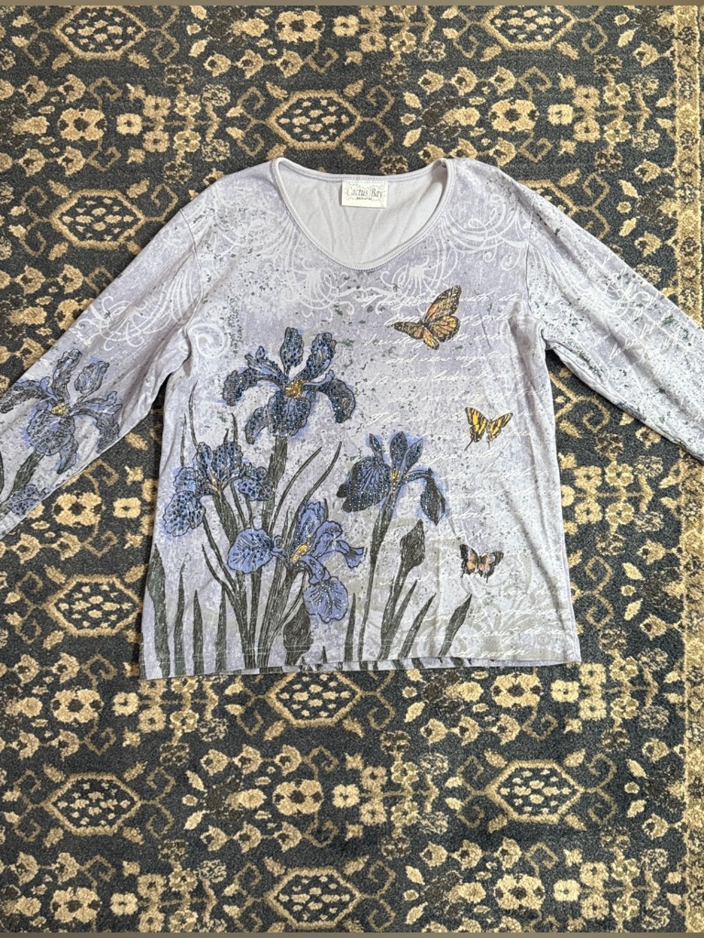 Vintage Cactus Bay Blue‎ Iris Butterfly Beaded Botanical Wearable Art Top USA M